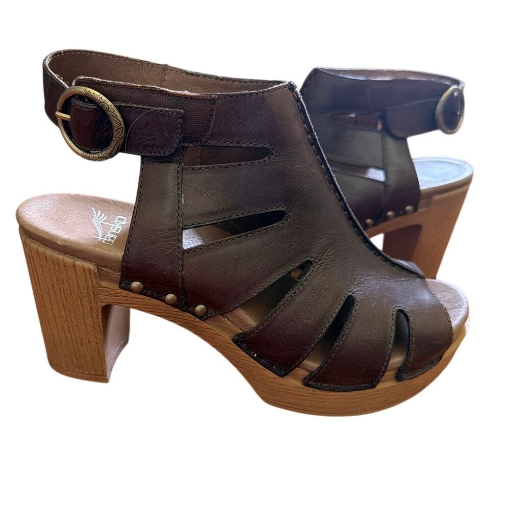 Dansko Demetra Brown Leather Platform Sandals Womens Size 6.5 37 Block Heel Boho